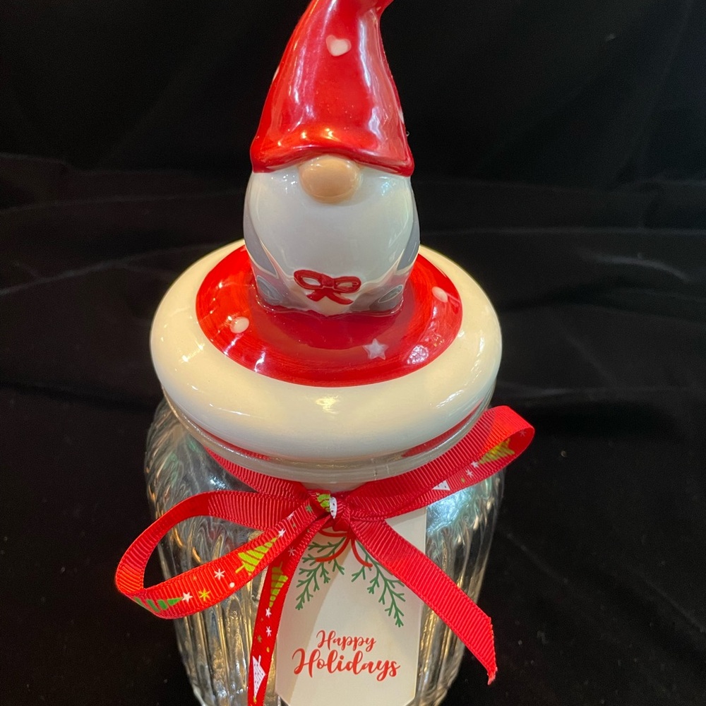 NWT Festive Gnome Holiday Jar with Red Accents